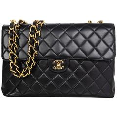 Chanel Black Lambskin Leather Quilted Classic Jumbo Single Flap Bag