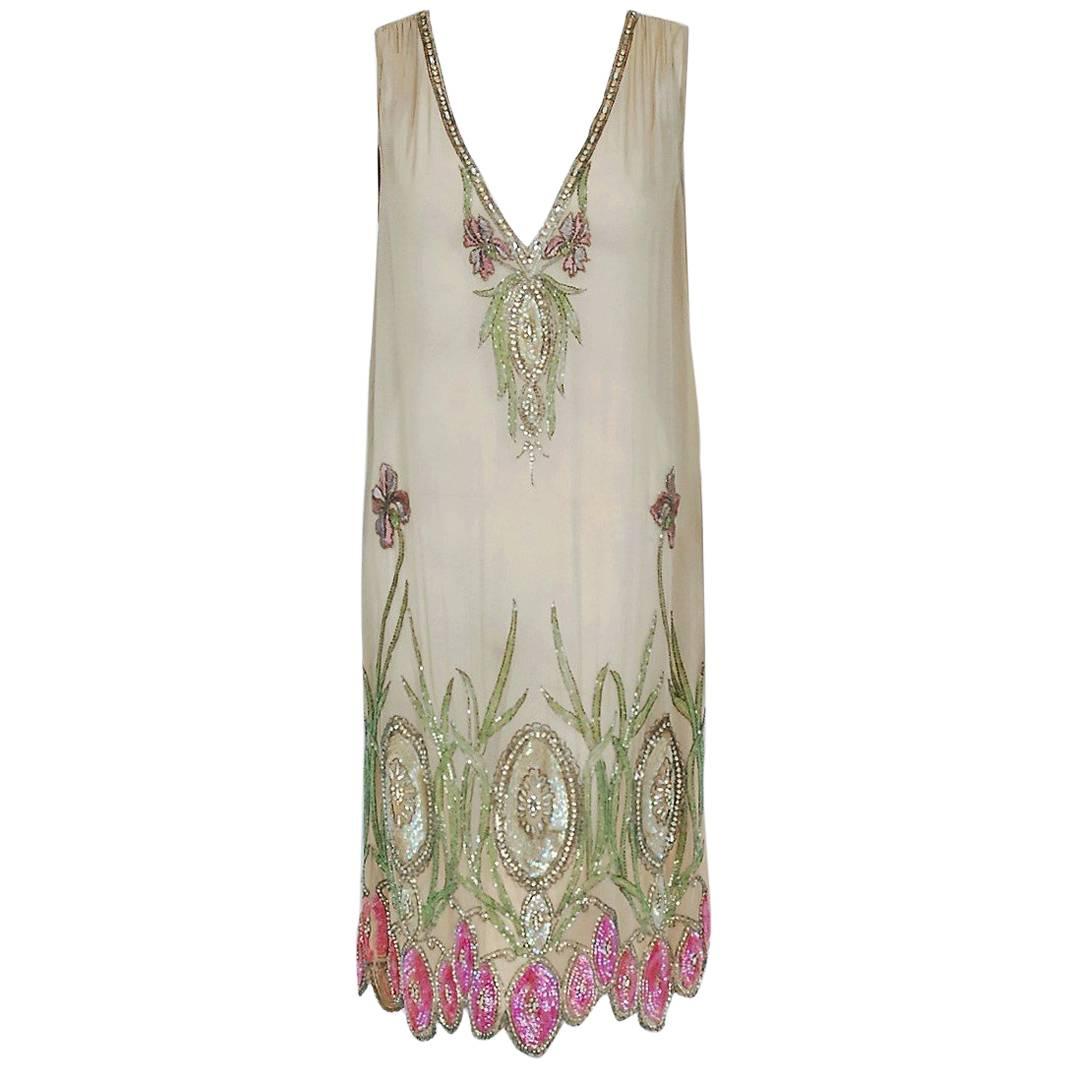 1920's Floral Garden Beaded Rhinestone Embroidered Silk-Chiffon Flapper Dress