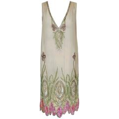 Antique 1920's Floral Garden Beaded Rhinestone Embroidered Silk-Chiffon Flapper Dress