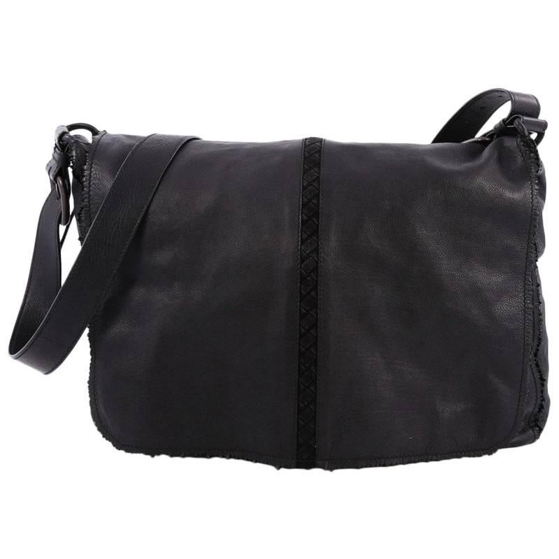 Bottega Veneta Flap Messenger Bag Leather with Frayed Intrecciato Detail Large