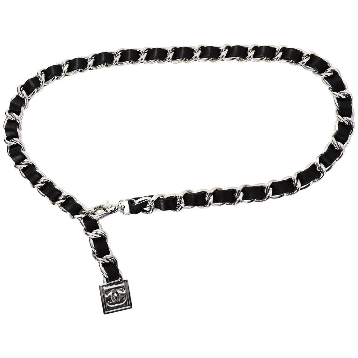 Chanel Black Leather Woven Silver Chain Link Belt sz L