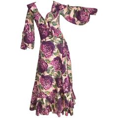 Vintage 1970s Purple Floral Rayon Wrap Ruffle Dress