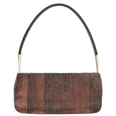 BOTTEGA VENETA Bronze Metallic Snakeskin Leather Baguette Shoulder Bag Purse