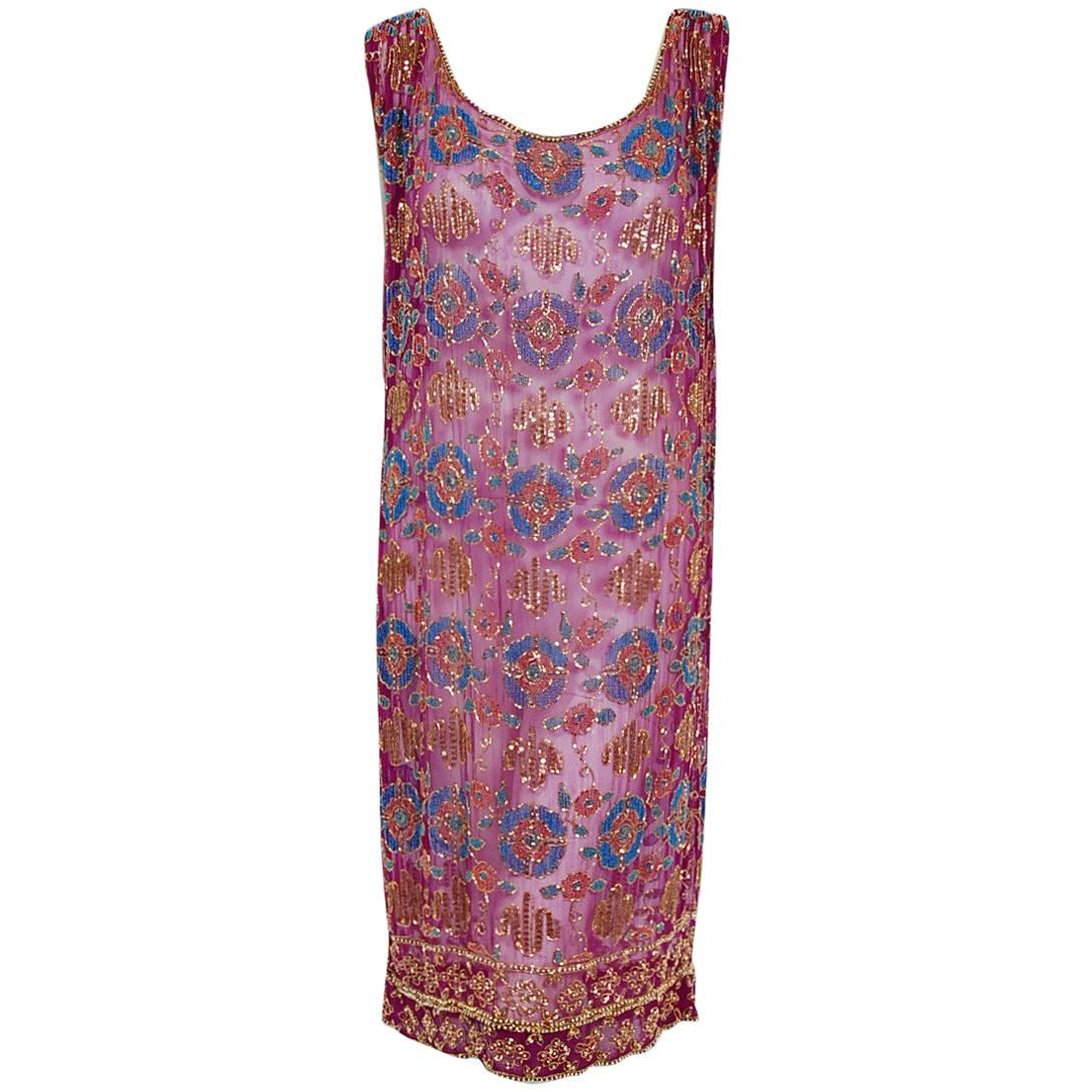 1920's French Couture Purple Beaded Sequin Deco Floral Chiffon Flapper Dress