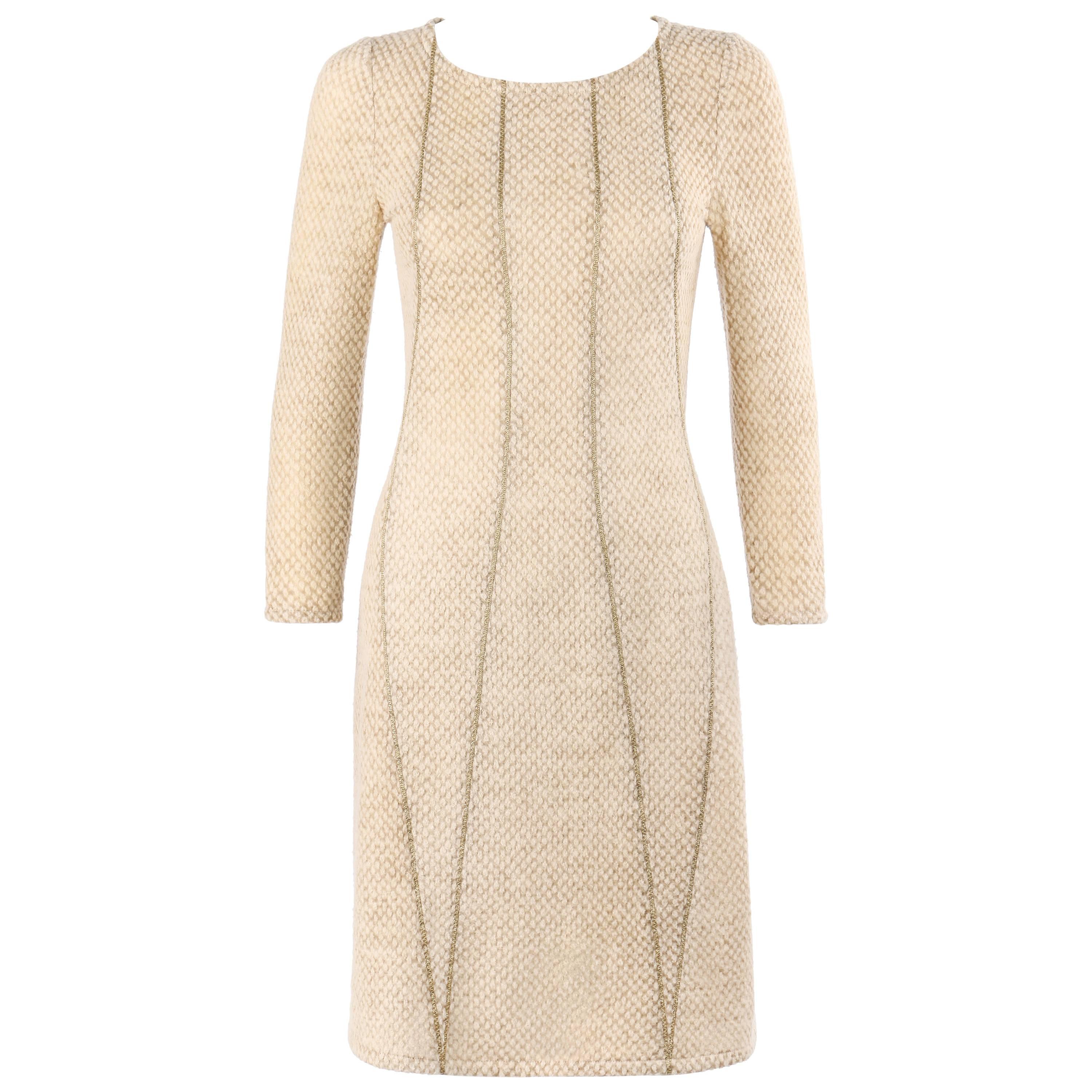 BOTTEGA VENETA A/W 2011 Biege Textured Wool Gold Piped Panel Cocktail Dress For Sale