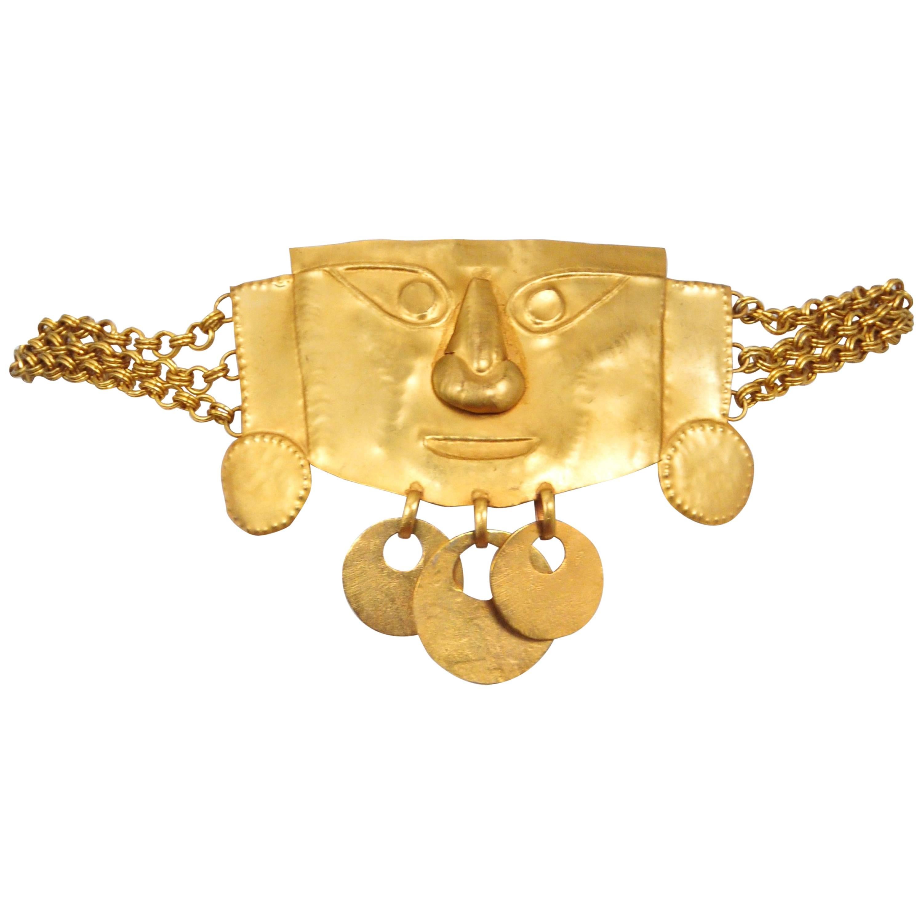 Yves Saint Laurent Pre Columbian Gold Metal Giant Mask Belt Rare Couture