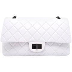 Chanel 2.55 Flap White Quilted Aged Calf Leather Chain Shoulder Bag