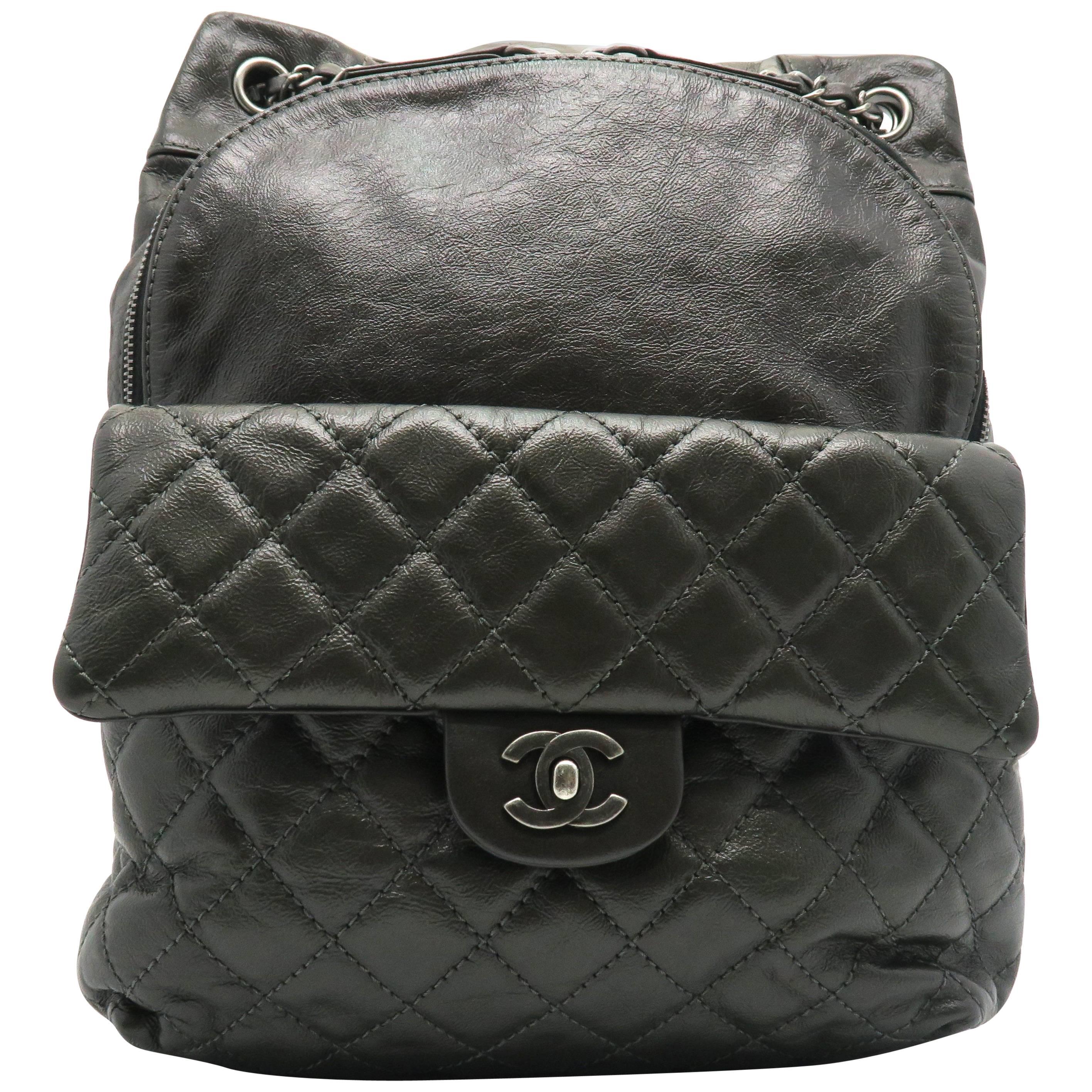 Chanel Dark Green Calfskin Leather Backpack