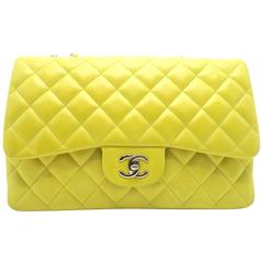 Chanel Quilted Classic Flap Jumbo Yellow Lambskin Leather Silver Metal Flap Bag 5
