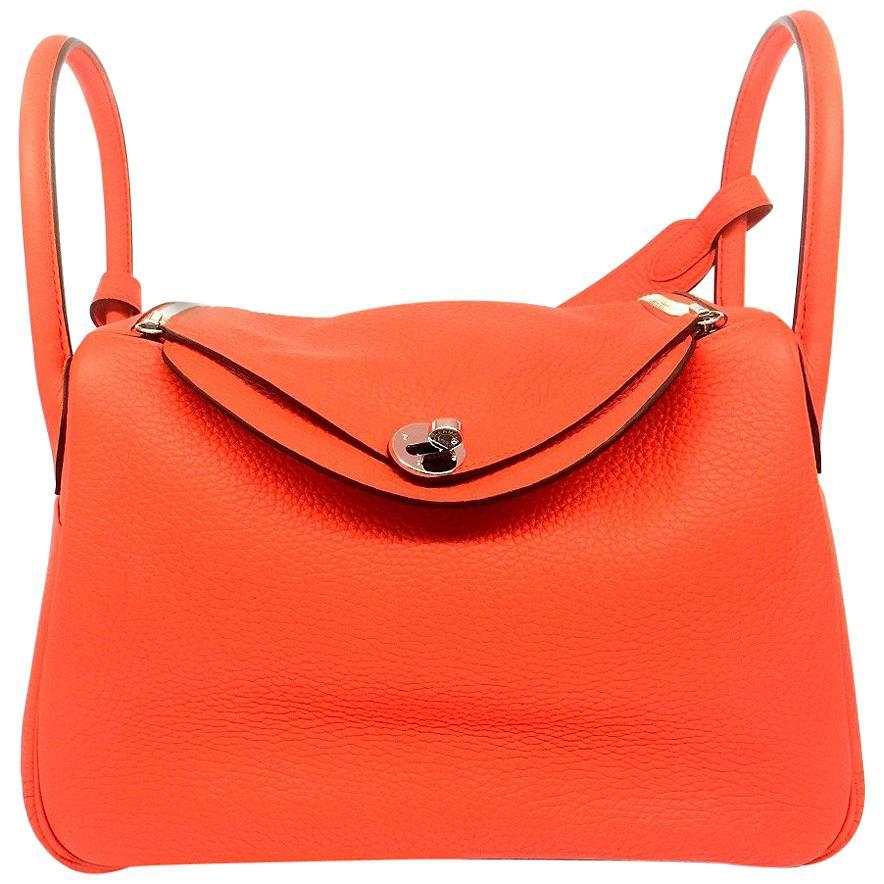 Hermes Lindy 30 Orange Poppy Clemence Leather Silver Metal Shoulder Bag