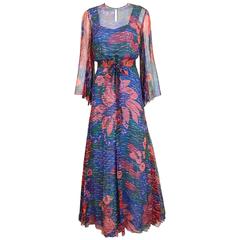 1970s Blue and Coral Pink Floral Print Silk Maxi Dress