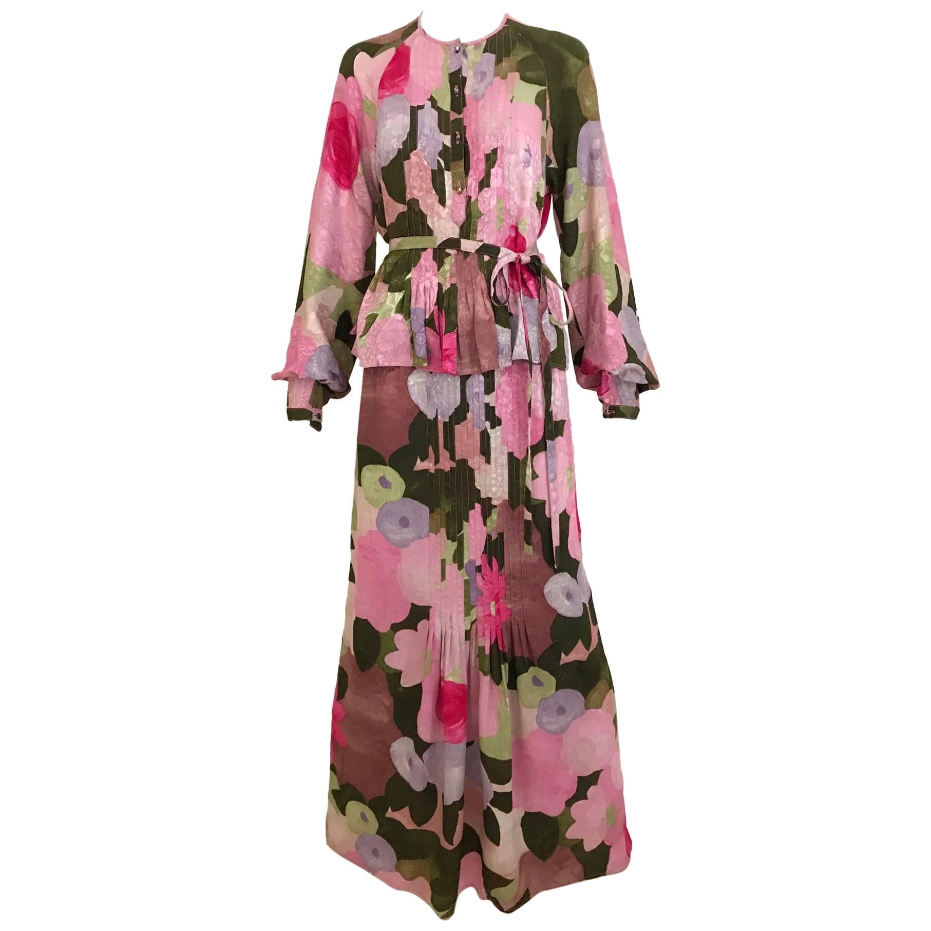 1970s Geoffrey Beene pink and green floral print silk ensemble