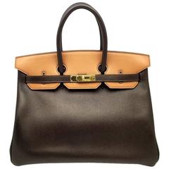 Hermes Birkin 35 Chocolat Brown Epsom Leather Gold Metal Top Handle Bag
