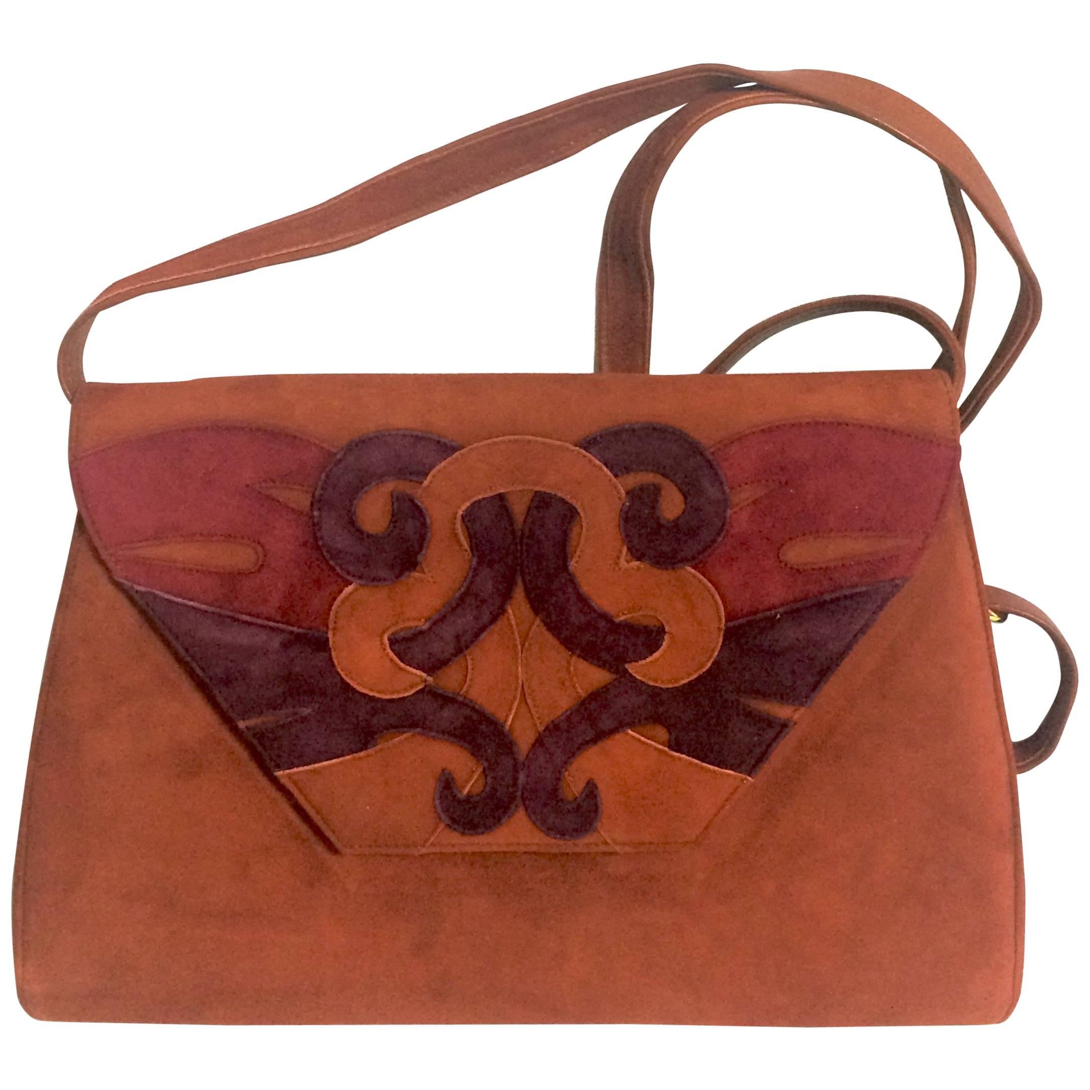Vintage Bally brown, red, and purple suede leather shoulder bag, clutch bag. For Sale