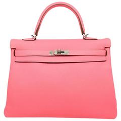Hermes Kelly 35 Rose Lipstick Pink Clemence Leather Silver Metal Top Handle Bag