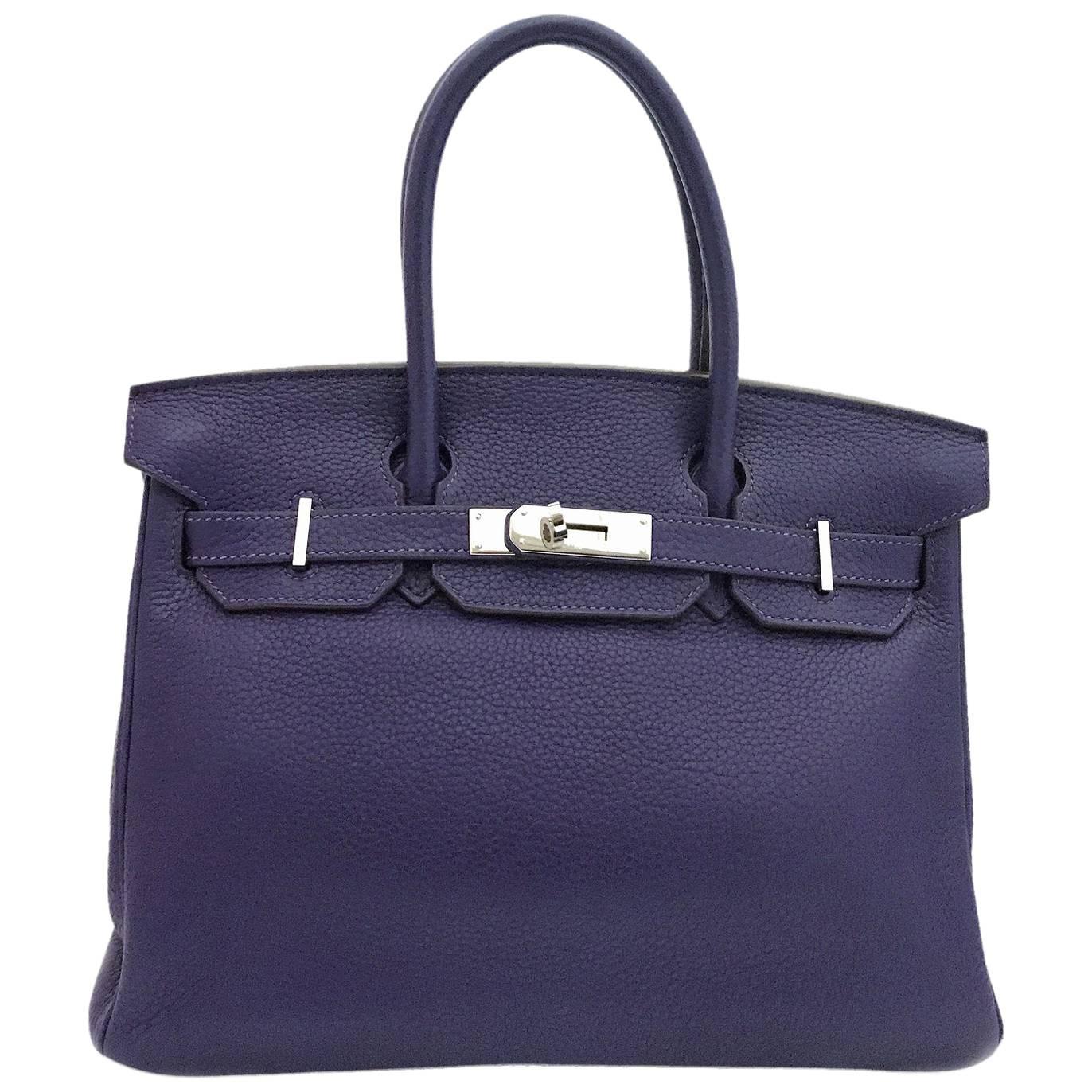 Hermes Birkin 30 Iris Purple Togo Leather Silver Metal Top Handle Bag