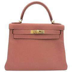 Hermes Kelly 28 Rosy Pink Togo Leather Gold Metal Satchel Bag