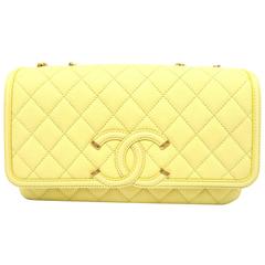 Chanel Yellow Quilted Caviar Leather Gold Metal Chain Shoulder Flap Bag