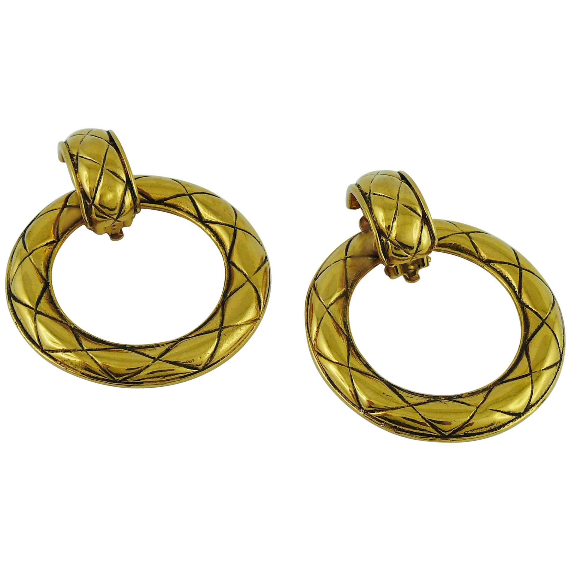 Chanel Vintage Classic Gold Tone Quilted Hoop Earrings