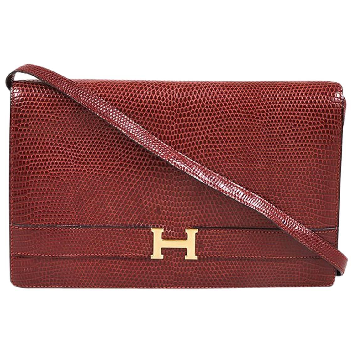 Vintage Hermes "Rouge Moyen" Genuine Lizard Gold Tone "Annie" Shoulder Bag For Sale