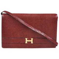 Vintage Hermes "Rouge Moyen" Genuine Lizard Gold Tone "Annie" Shoulder Bag