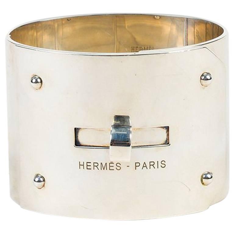Hermes Sterling Silver ST "Kelly GM" Turnlock Wide Bangle Bracelet For Sale
