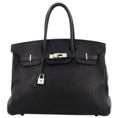Hermes Birkin Handbag Black Clemence with Palladium Hardware 35