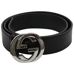 Gucci Stainless Steel and Black Leather Maxi Buckle Belt