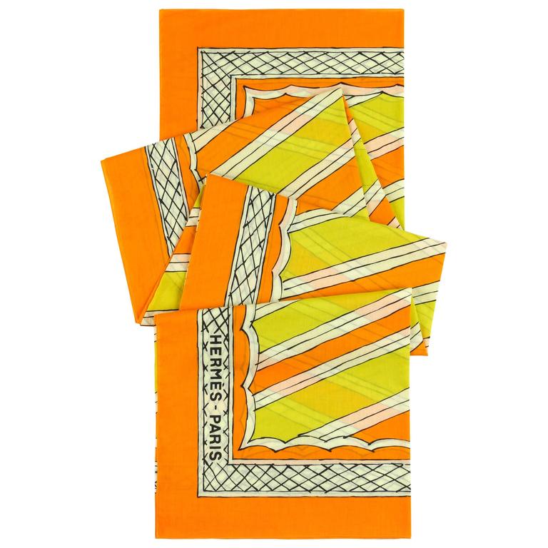 HERMES Giant Orange & Yellow Diagonal Striped Cotton Sarong Scarf Wrap Throw For Sale