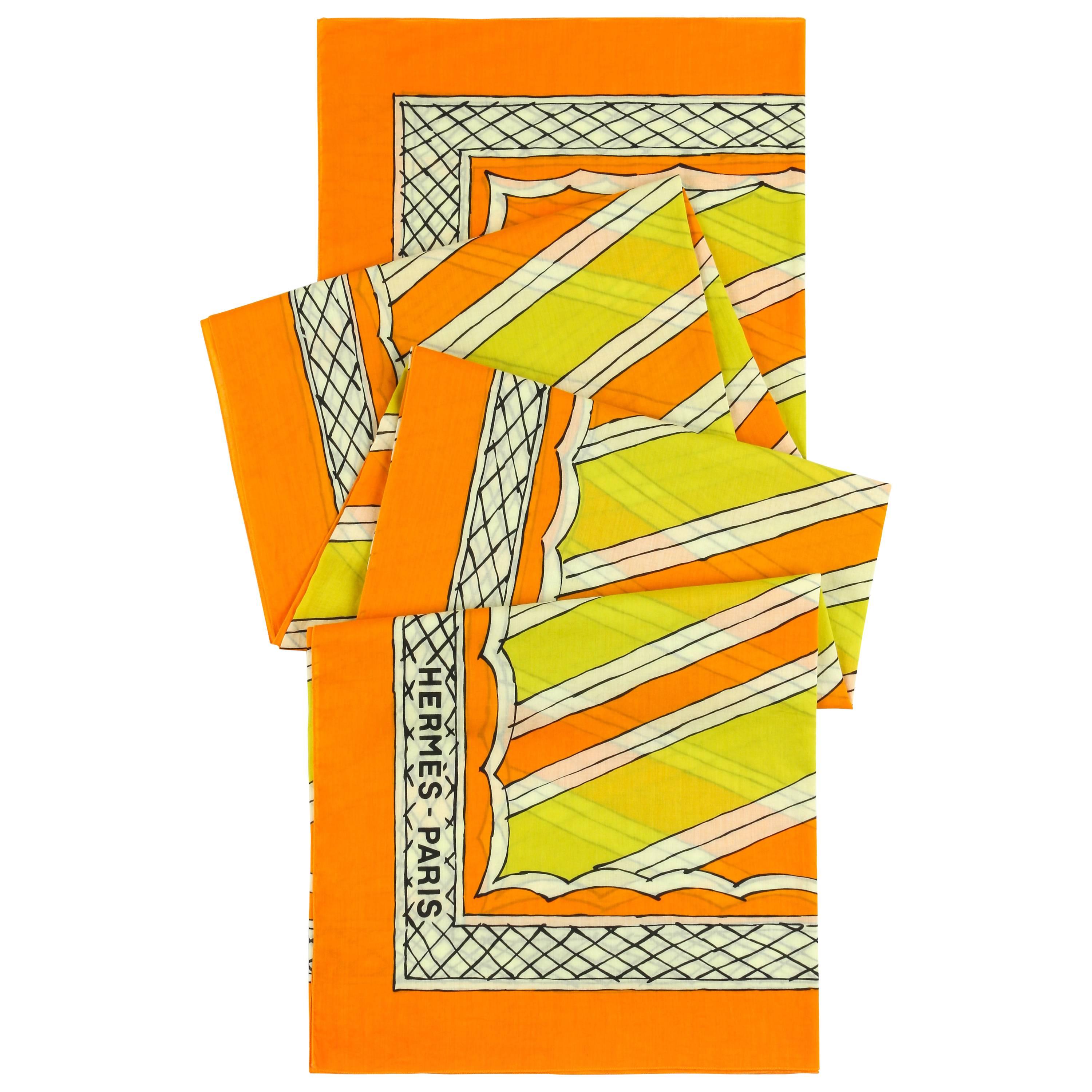 HERMES Giant Orange & Yellow Diagonal Striped Cotton Sarong Scarf Wrap Throw