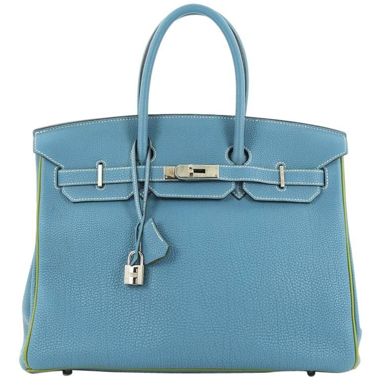 Hermes Birkin Handbag Blue Jean and Vert Anis Togo with Palladium Hardware 35
