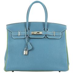 Hermes Birkin Handbag Blue Jean and Vert Anis Togo with Palladium Hardware 35