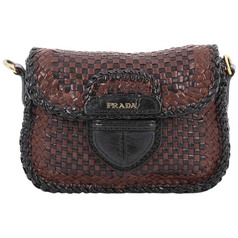 Prada Push Lock Flap Shoulder Bag Madras Woven Leather Small