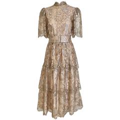 1970s light gold metallic lace tiered dress 5