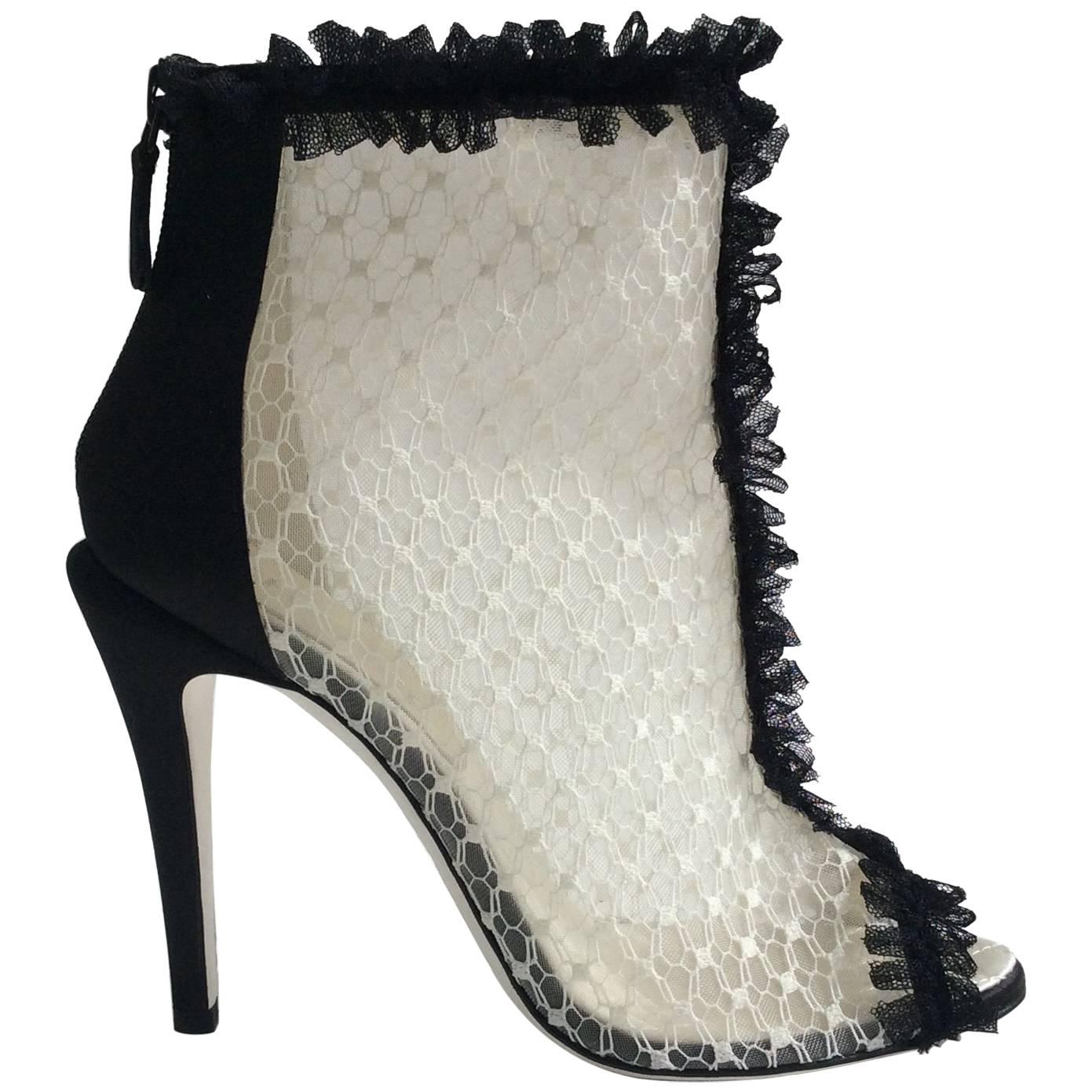 Chanel Black and White Open Toe Lace Booties Sz 38
