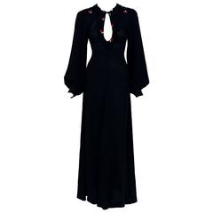 1970's Ossie Clark Embroidered Key-Hole Black Crepe Billow Sleeve Maxi Dress