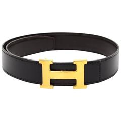 Hermes Black Leather Gold Tone H Buckle Belt Size 65 