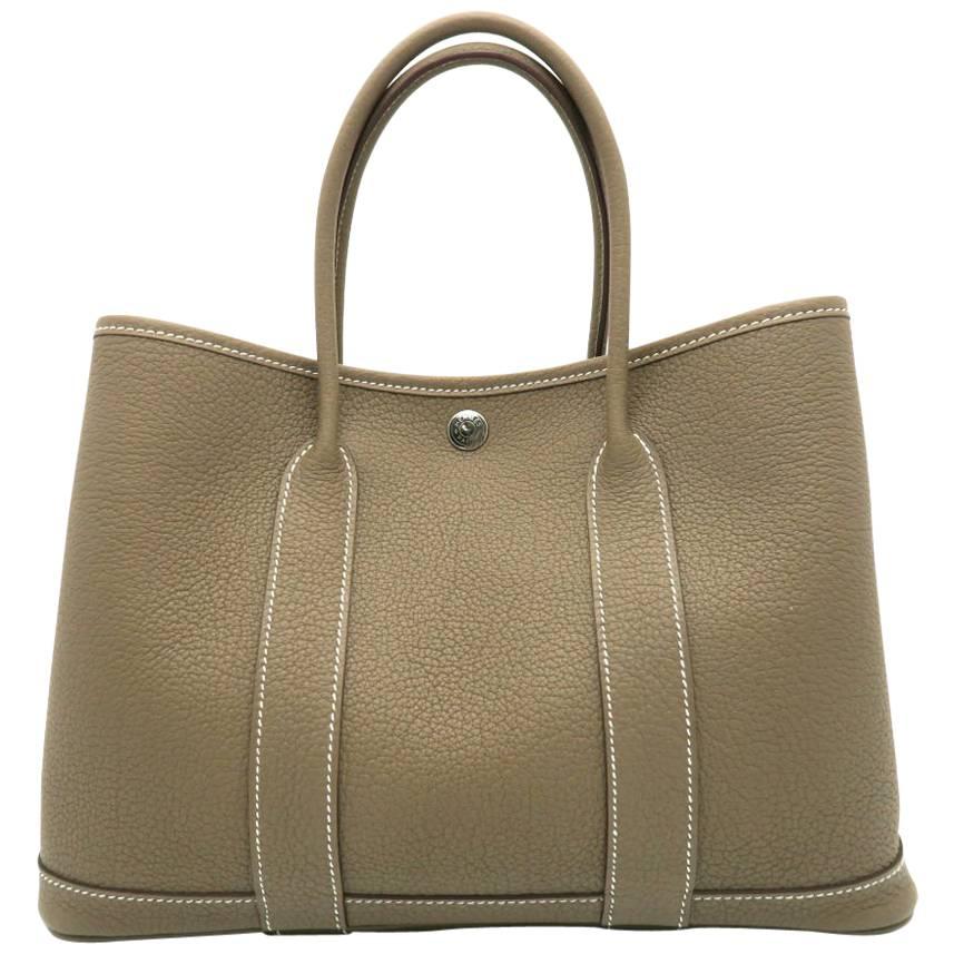Hermes Garden Party TPM Etoupe Grey Country Leather Tote Bag For Sale