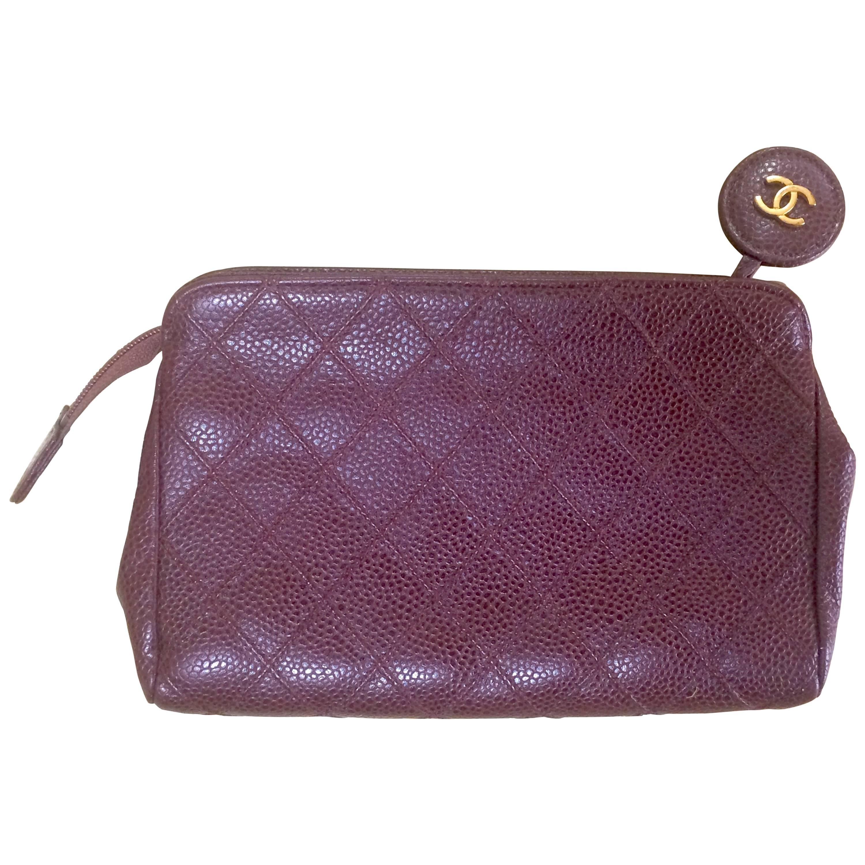 Vintage CHANEL wine brown caviar leather cosmetic, toiletries, makeup pouch. For Sale