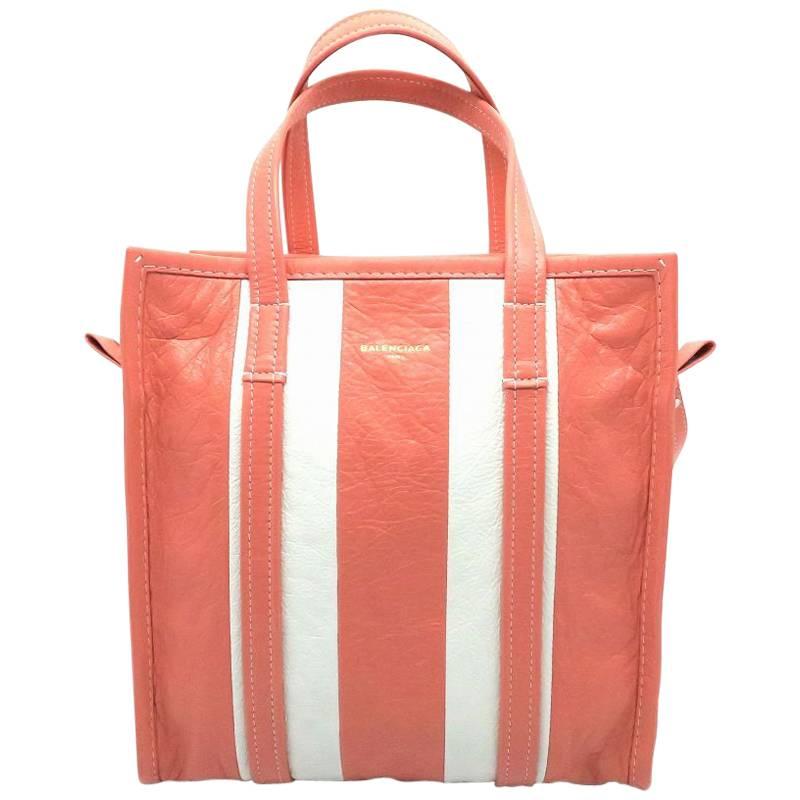 Balenciaga Bazar Shopper White and Coral Lambskin Leather Tote Bag For Sale