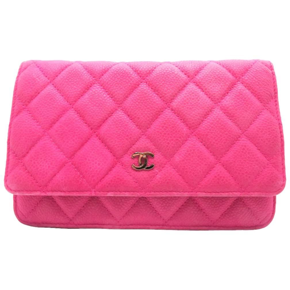 Chanel Wallet On Chain Pink Quilted Caviar Leather Silver Metal Crossbody Bag For Sale