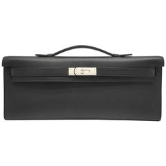 Hermes Kelly Cut Noir Swift Leather Silver Metal Clutch