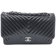 Chanel Chevron Double Flap Black Patent Leather Silver Metal Chain Shoulder Bag