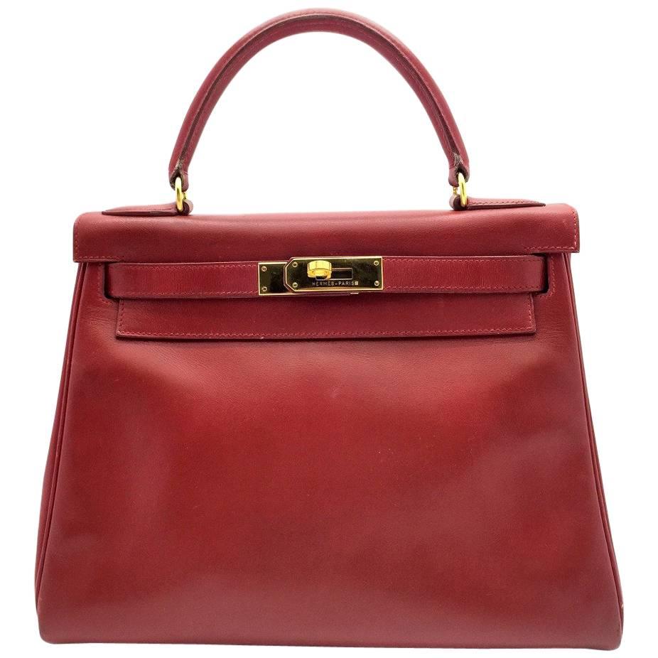 Hermes Vintage Kelly 28 Rouge Garance Red Box Calf Leather Gold Metal Satchel For Sale