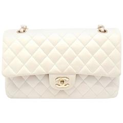 Chanel Classic Double Flap White Quilted Lambskin Leather Gold Metal Handbag