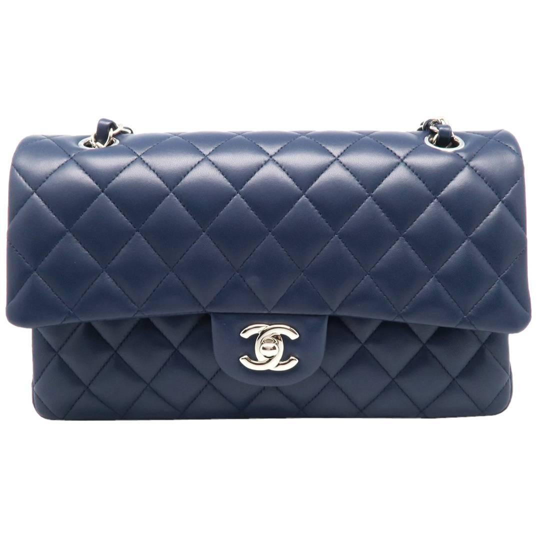Chanel Classic Double Flap Blue Quilted Lambskin Leather Silver Metal Handbag For Sale