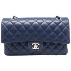 Chanel Classic Double Flap Blue Quilted Lambskin Leather Silver Metal Handbag