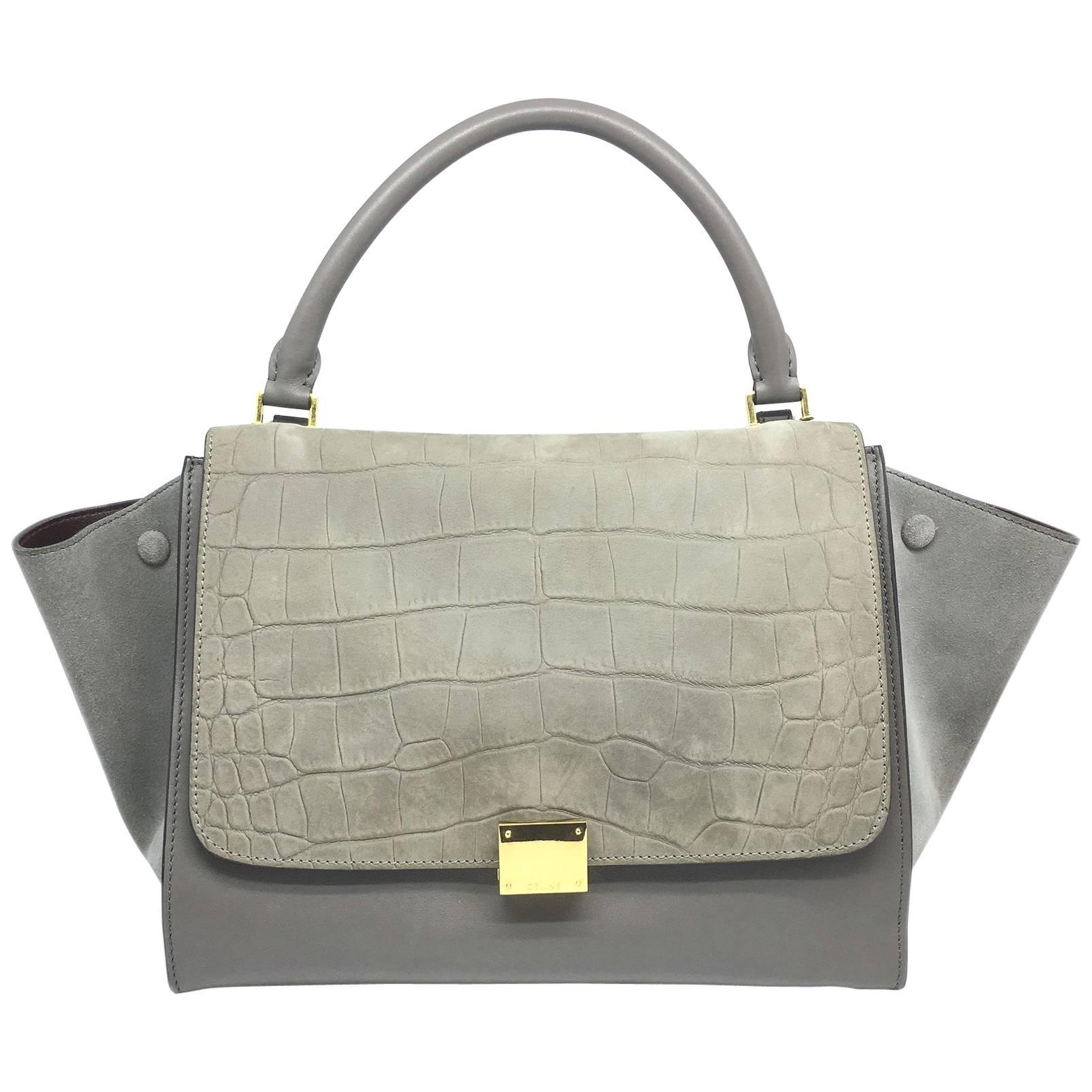 Celine Trapeze Grey Calfskin and Suede Leather Gold Metal Top Handle Bag