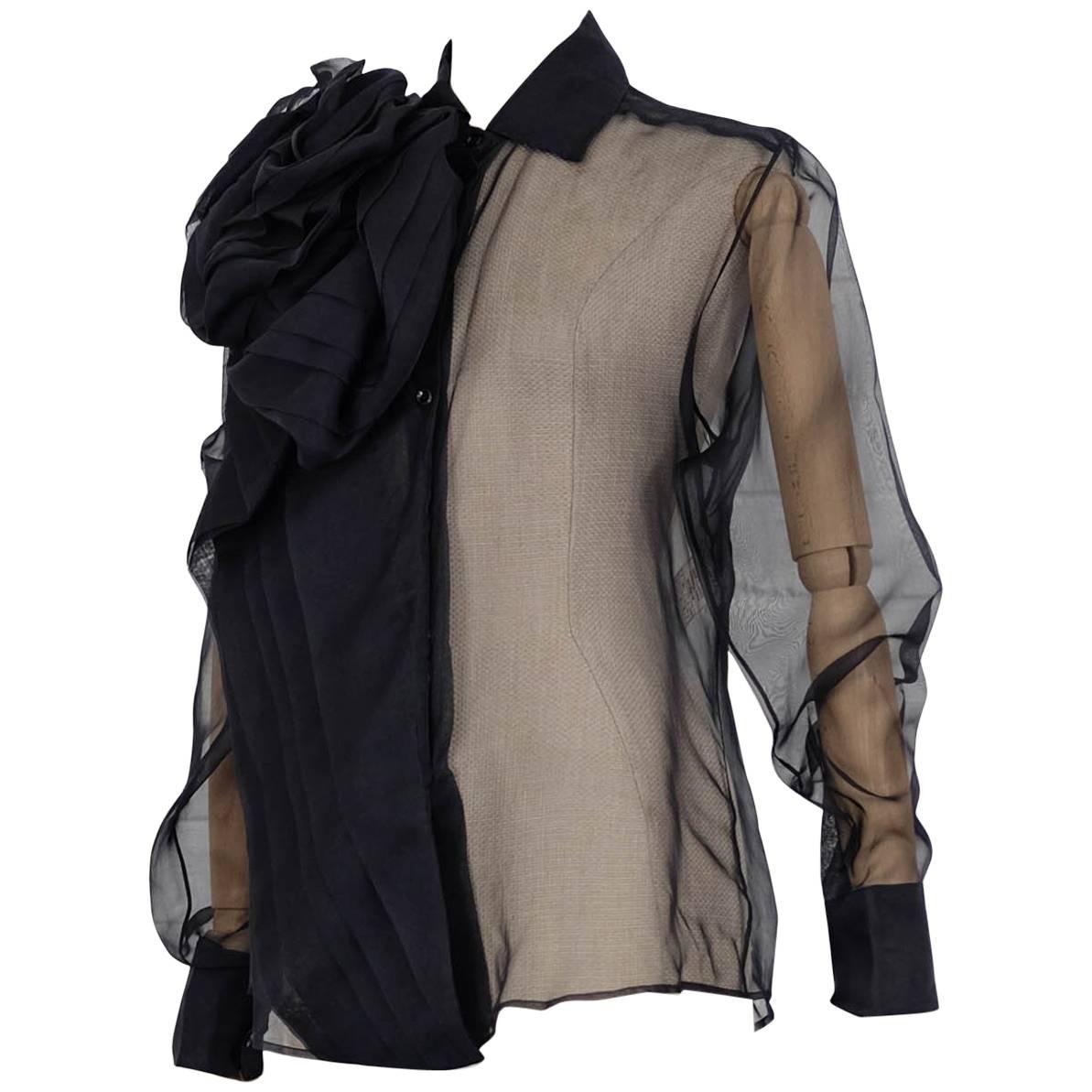 Circa 2004 CHRISTIAN DIOR by John Galliano black silk bow sheer blouse unworn For Sale