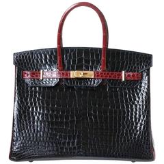 Hermès 35CM Special Order Horseshoe Bicolor Porosus G/H Birkin Bag